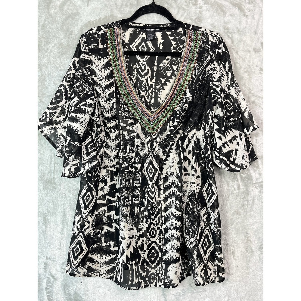 Mix Nouveau Beaded Tunic Top Womens M Sheer Boho Kimono Sleeve Black‎ White Ikat